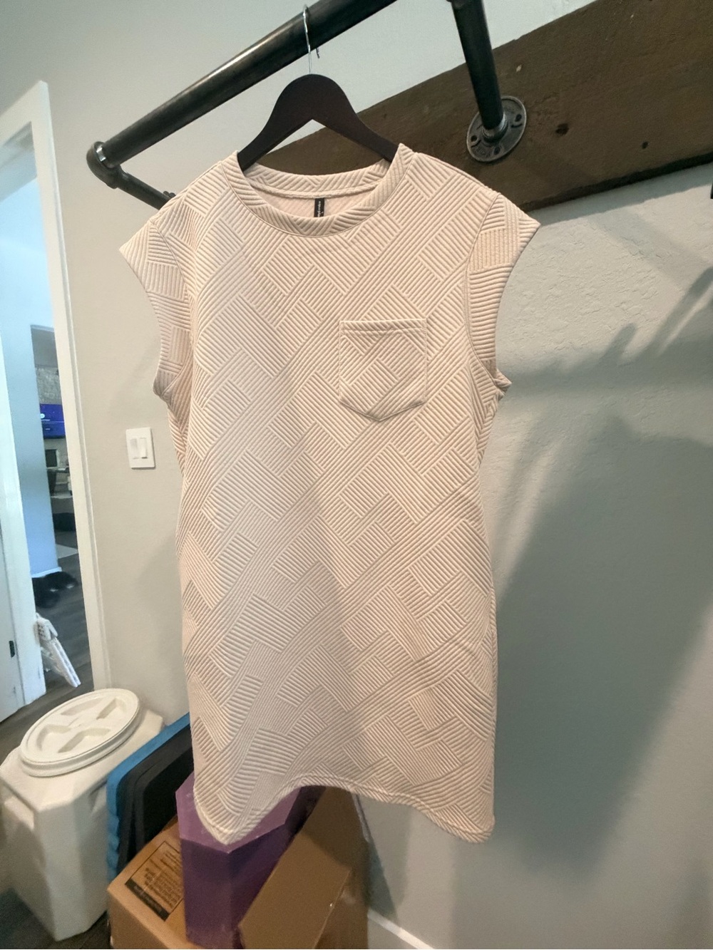 Woman’s Summer Short T-Shirt Textured Cream Midi Shift Dress